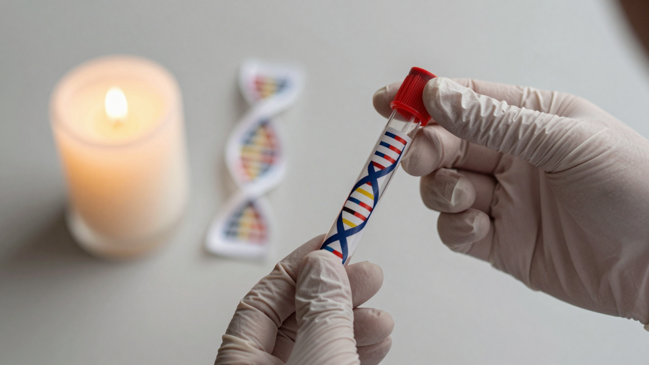 Minh họa quy trình thu nhận mẫu ADN với biểu tượng chuỗi gene và nến tưởng niệm