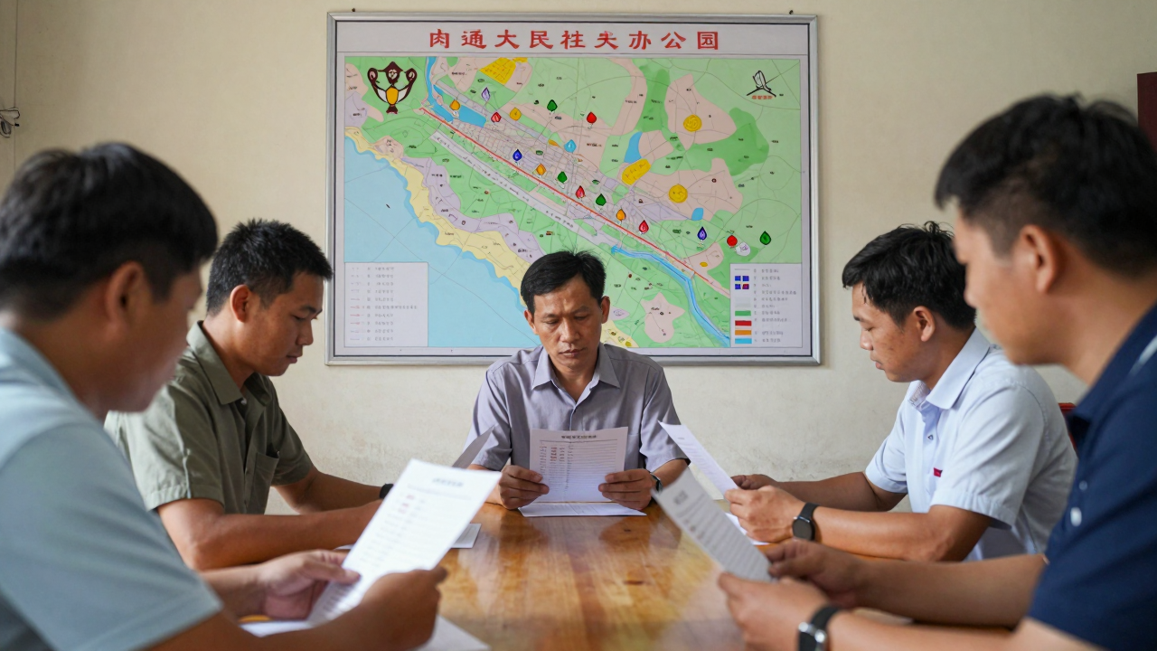 Minh họa cuộc họp ở cấp xã với các biểu tượng phân công nhiệm vụ