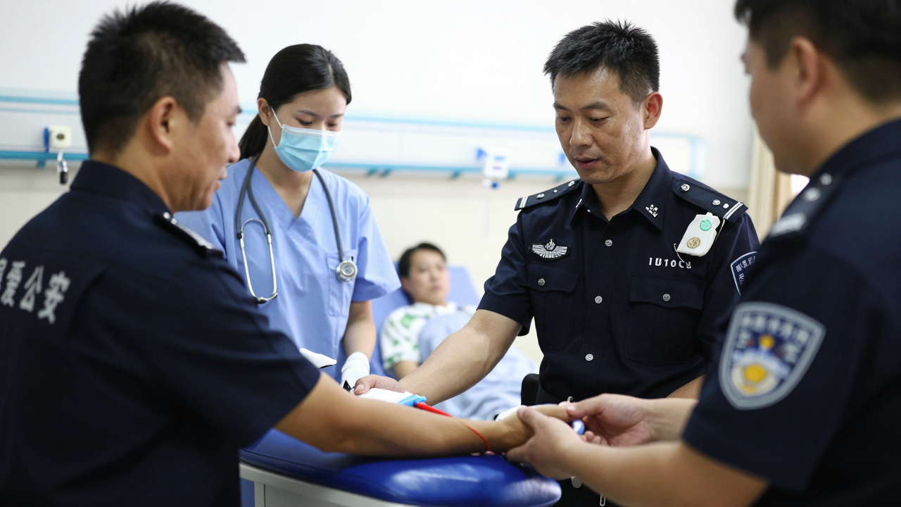 Minh họa ba cán bộ công an hiến máu hỗ trợ bệnh nhân tại bệnh viện