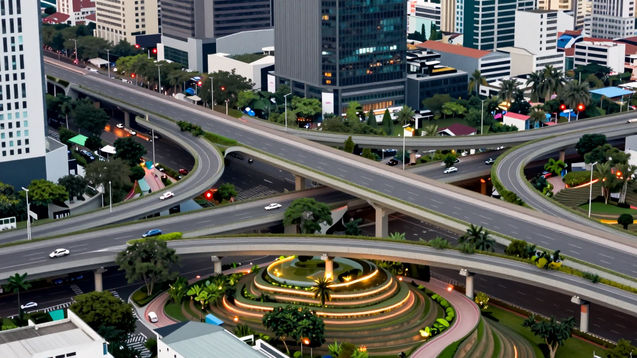 Minh họa phương án nút giao nhiều tầng với cầu vượt uốn vòm, cây xanh và đèn đường.