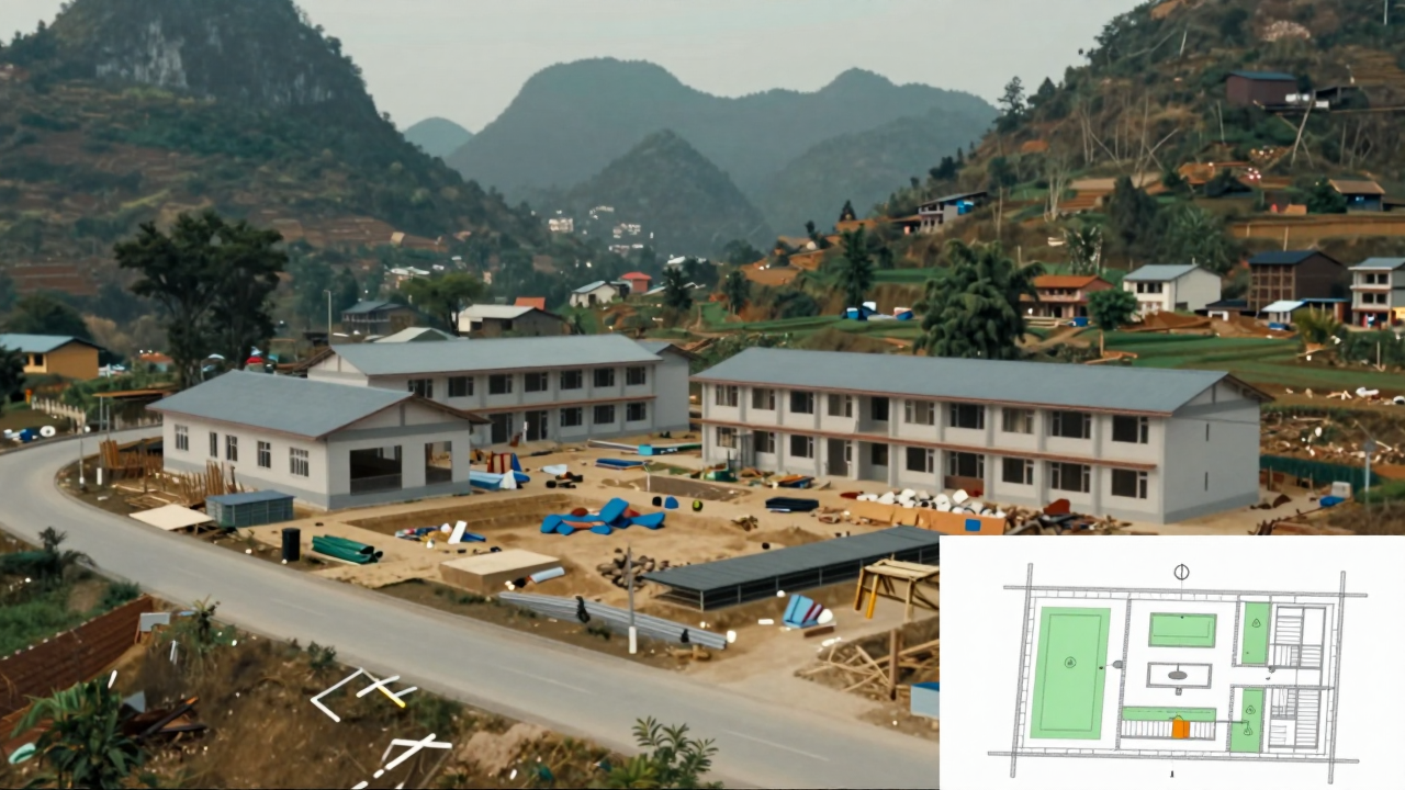 Minh họa trường nội trú đang xây dựng giữa khung cảnh miền núi.