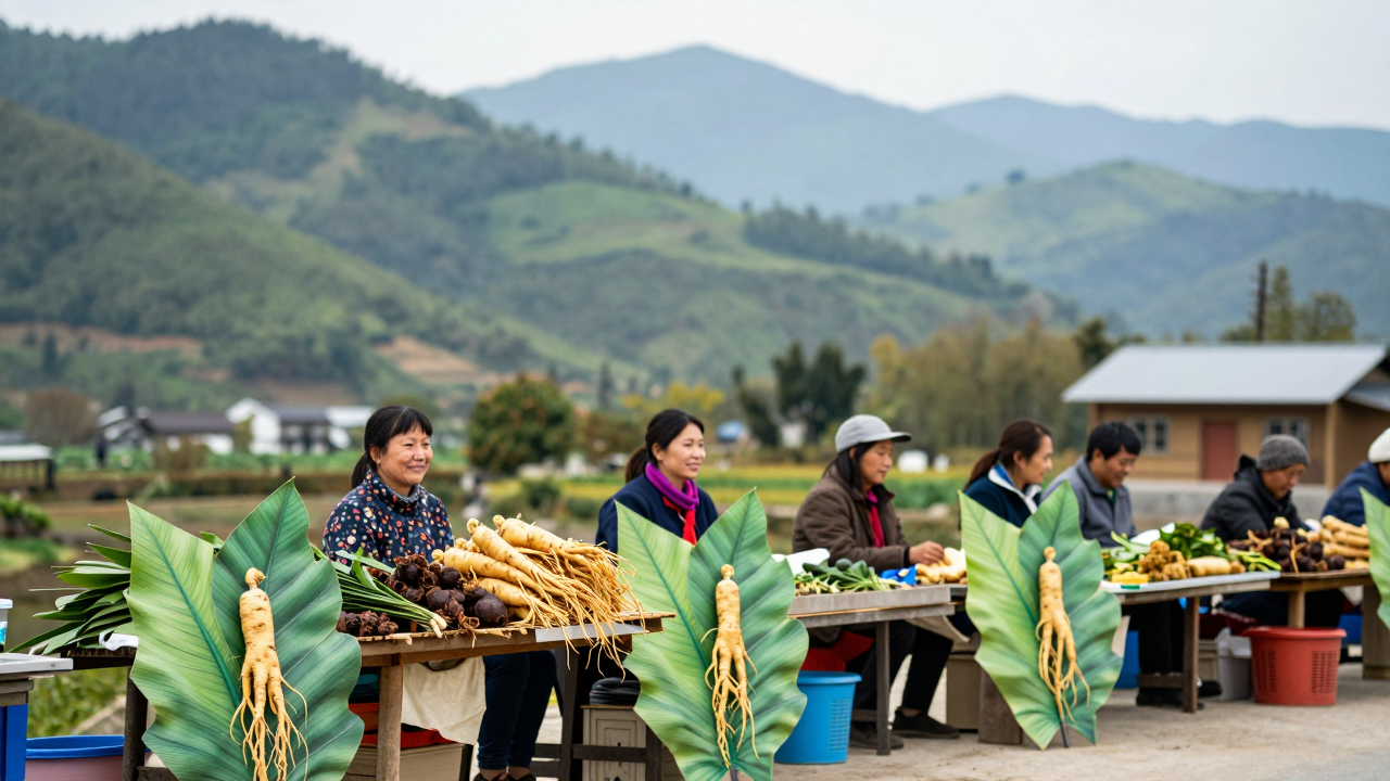 Minh họa phiên chợ nông sản giữa vùng núi Măng Ri