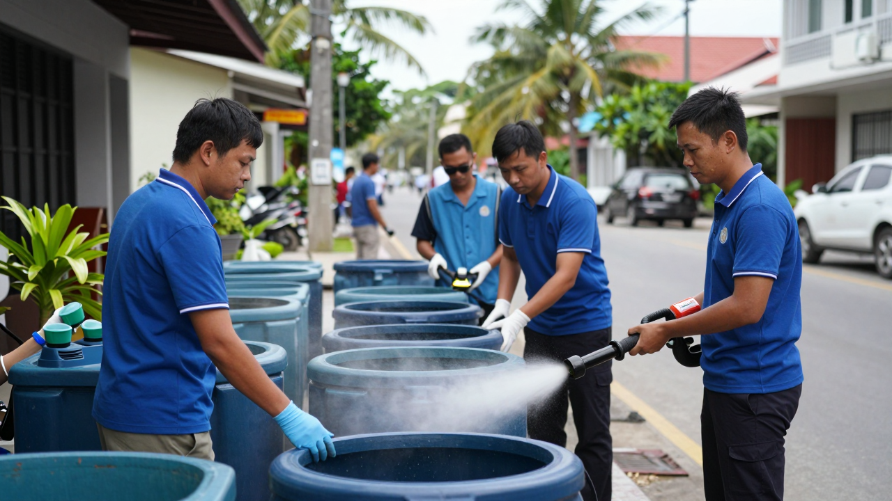 Minh họa hoạt động kiểm tra lăng quăng và phun hóa chất tại khu dân cư