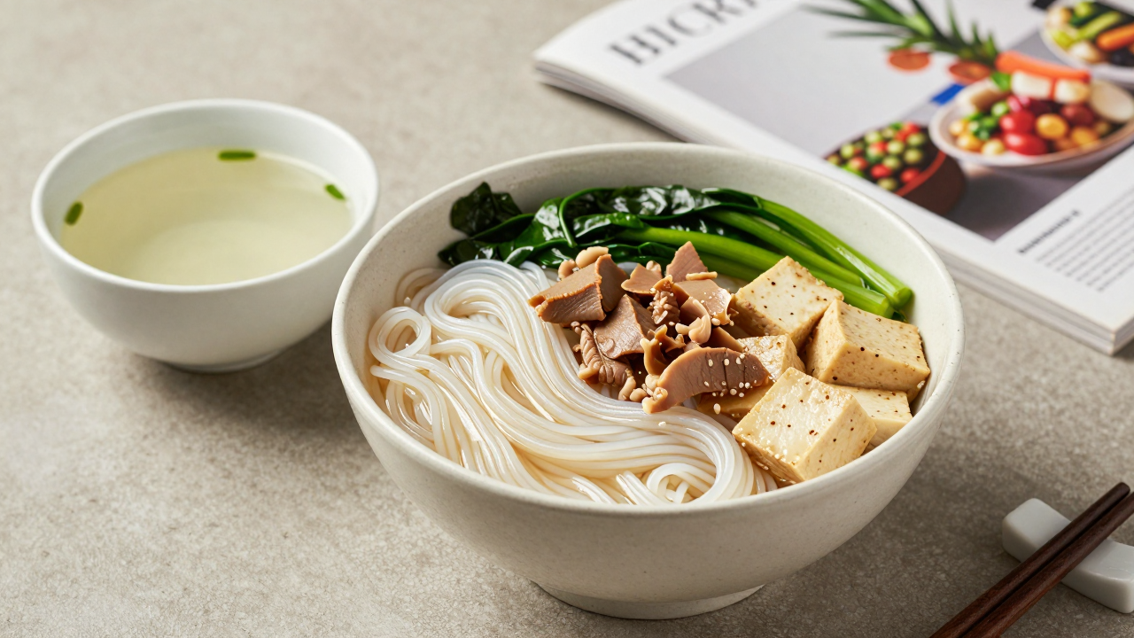 Tô bún ăn kèm rau xanh, protein và bát nước dùng