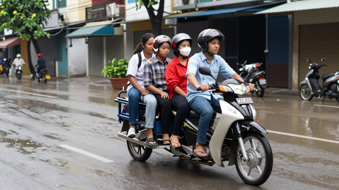 Xe ba gác hỗ trợ chở người và xe máy qua đoạn đường ngập