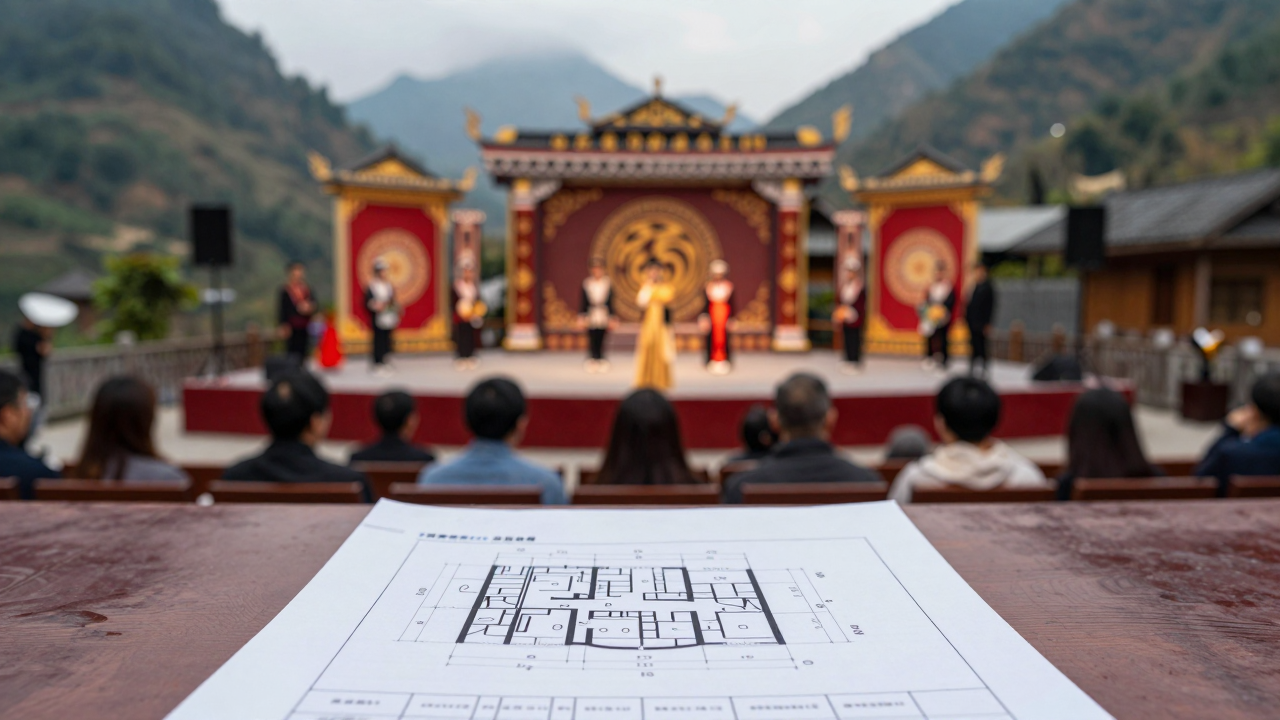 Minh họa sân khấu biểu diễn văn hóa giữa khung cảnh núi non Cao Bằng.