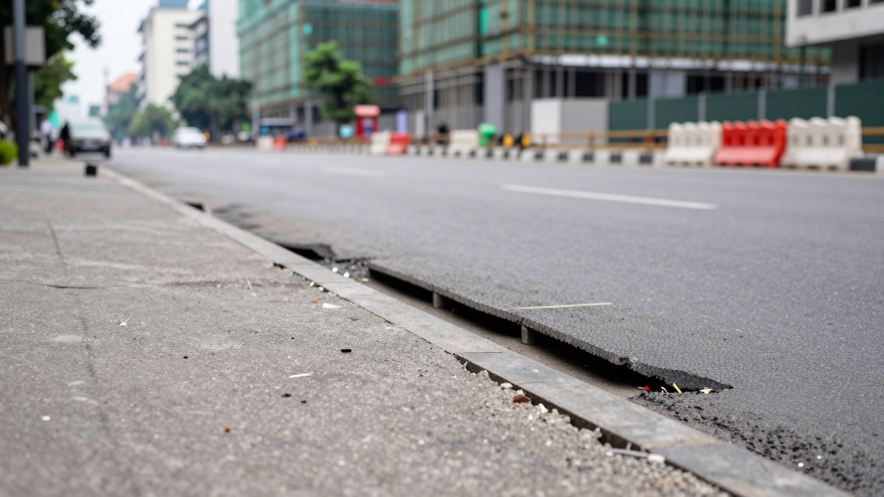 Minh họa đoạn đường sụt lún cạnh công trình xây dựng tại Hà Nội