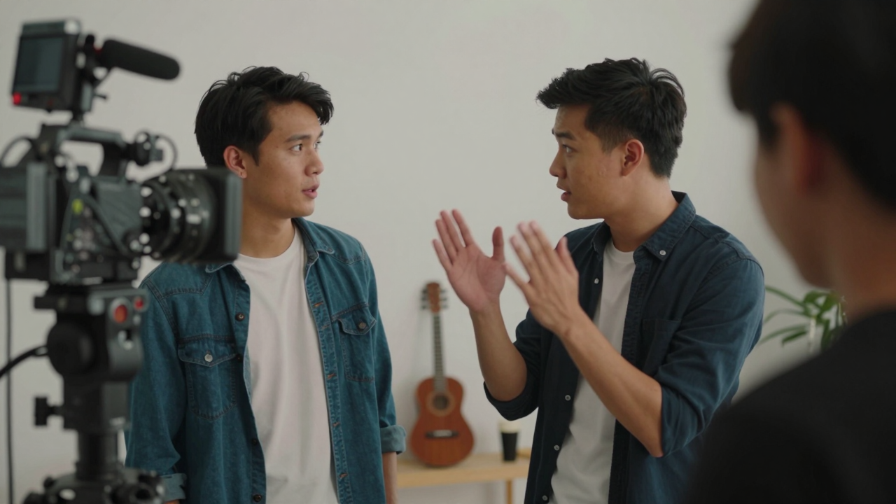 Minh họa hai nghệ sĩ trong bối cảnh thực hiện một MV âm nhạc.