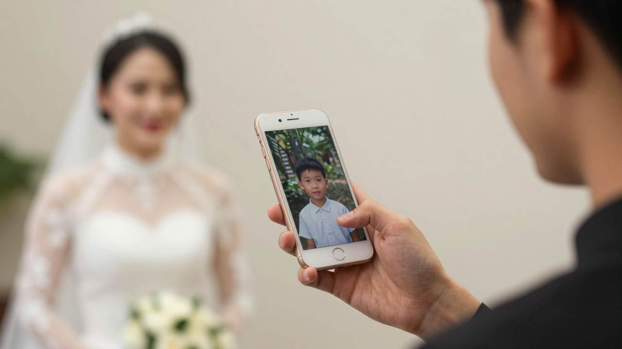 Minh họa một người phụ nữ xem ảnh thời thơ ấu trên điện thoại trong khung cảnh tiệc cưới