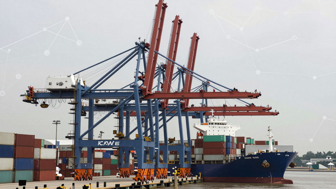 Minh họa cảng container Tuas với cần cẩu và lớp đồ họa giám sát bằng AI.