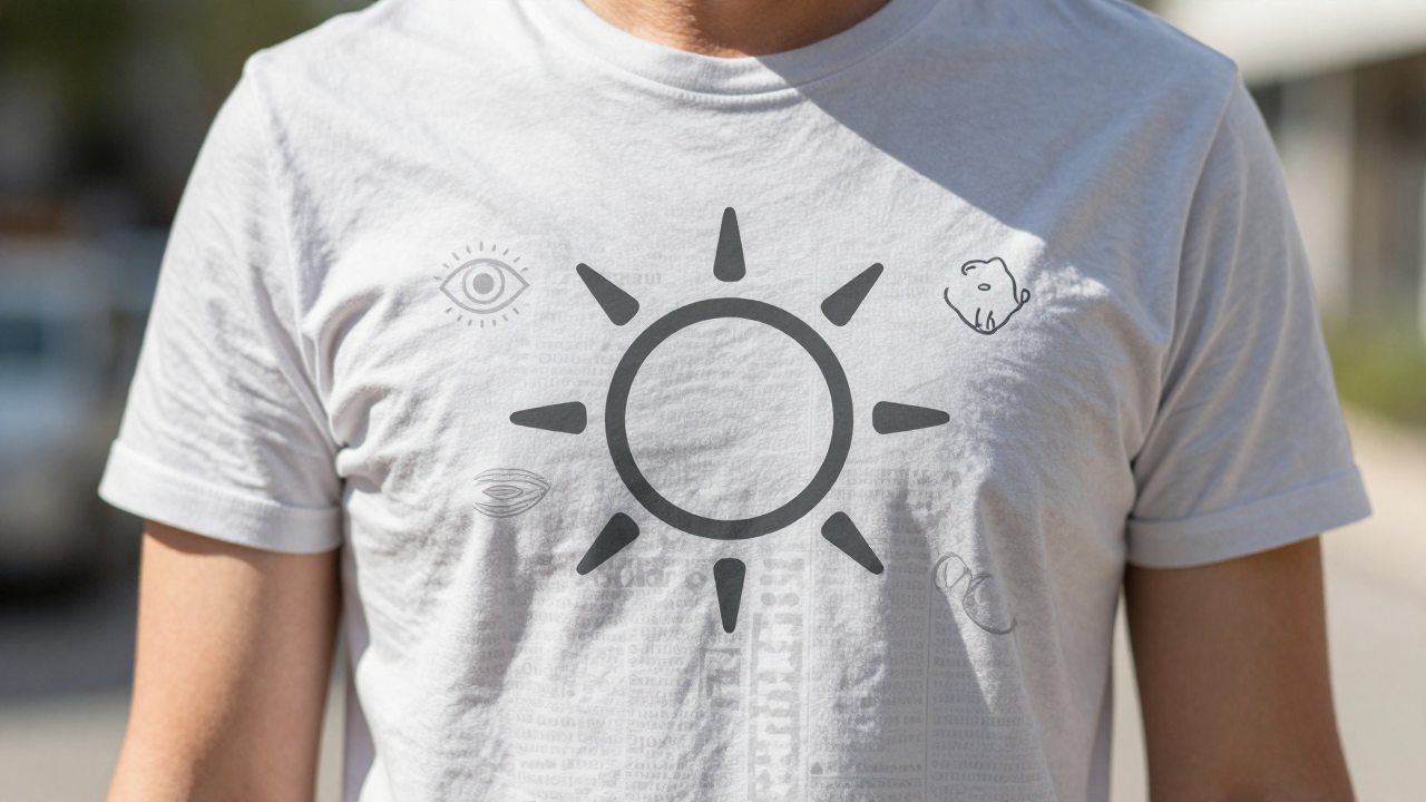 Minh họa người đứng dưới nắng với biểu tượng cảnh báo bảo vệ da và mắt