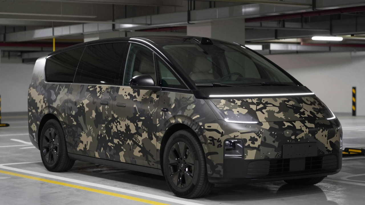 Minivan nguyên mẫu phủ ngụy trang trong hầm đỗ xe.