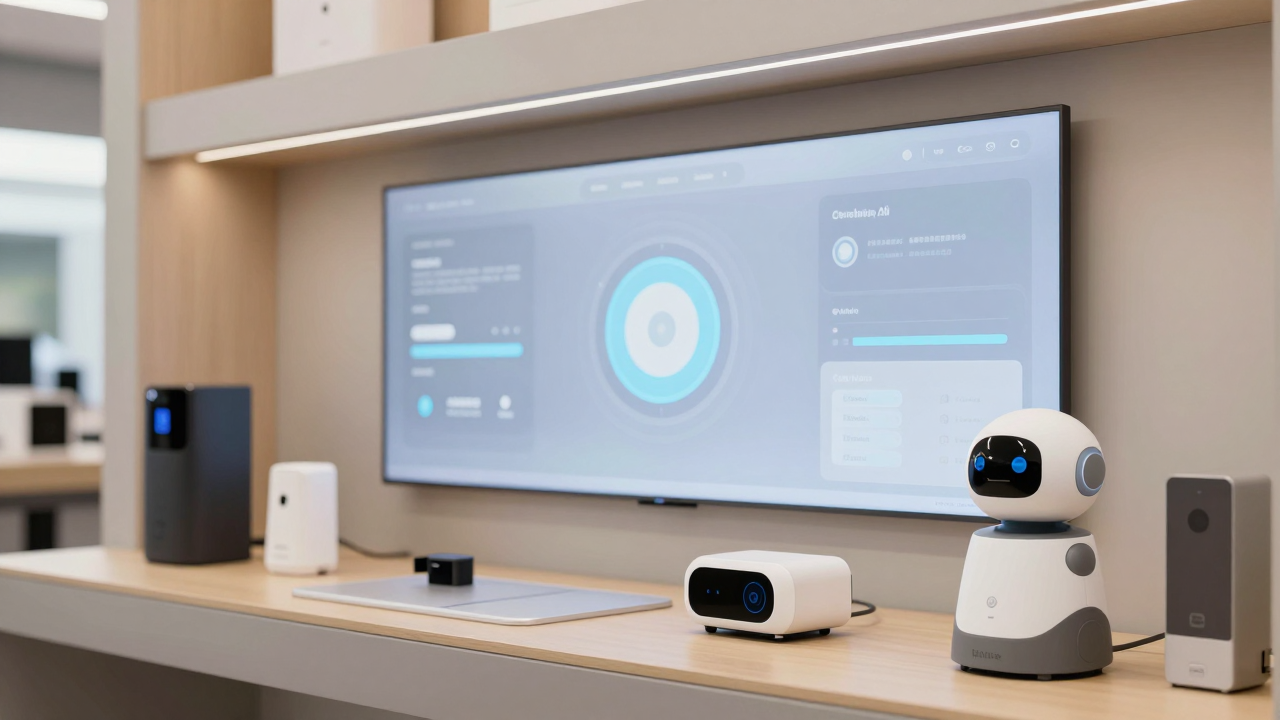 Minh họa không gian trải nghiệm nhà thông minh với thiết bị kết nối và robot