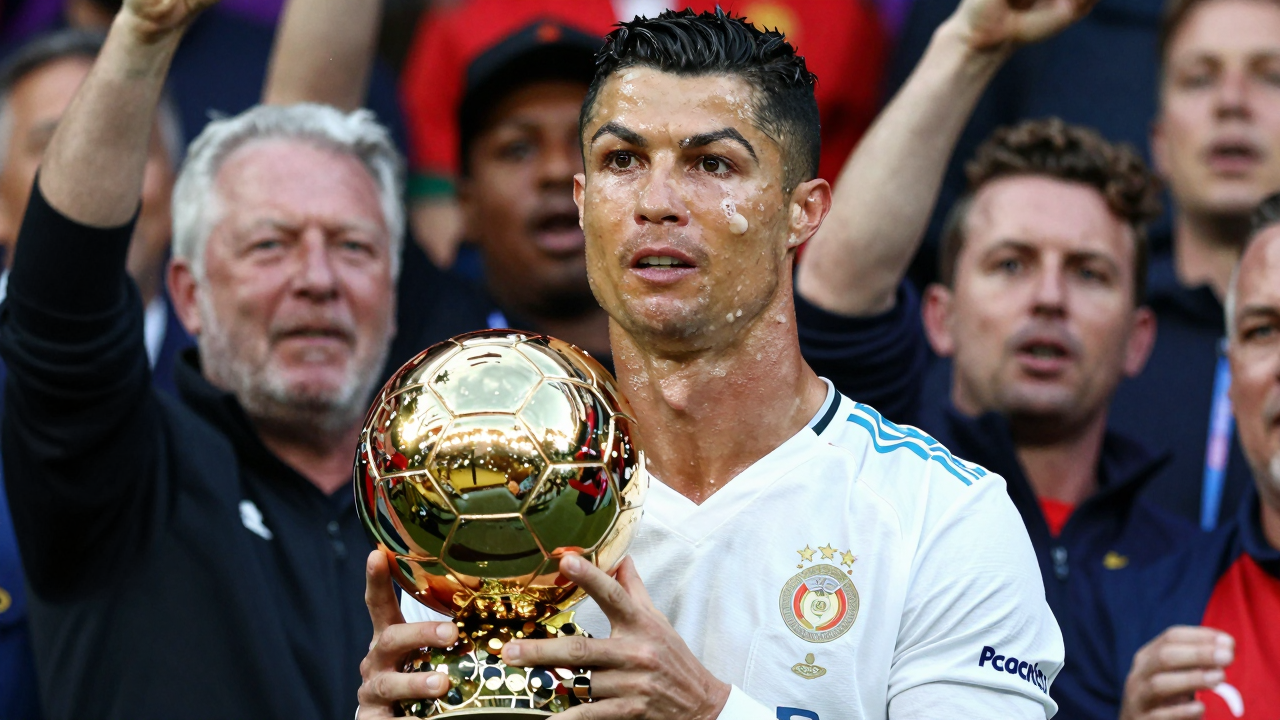Cristiano Ronaldo ăn mừng danh hiệu Quả bóng Vàng vĩ đại nhất với người hâm mộ.